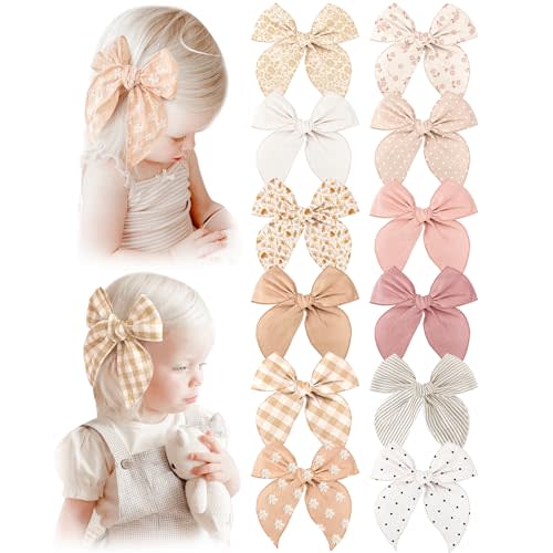 Niceye Fable Girls Hair Bows Cotton Linen Alligator Hair Clips or Little Girls Toddlers Kids Neutral Handmade Hair Accessories - 5.5” bow