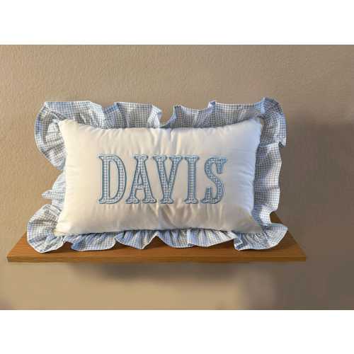12x20 in Personalized Applique Name and Monogram Pillow Cover, Ruffled Cushion