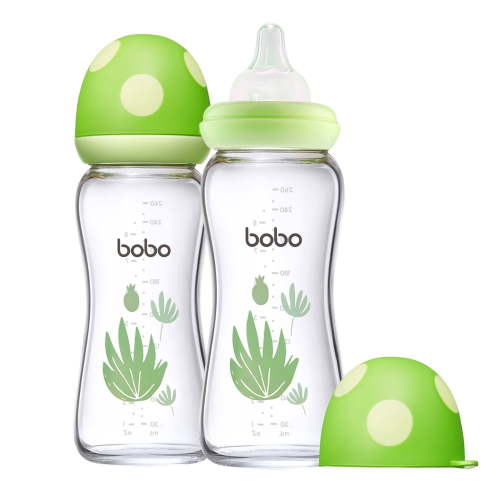 YOHKOH Natural Glass Bottle with Natural Response Nipple,Green, 8.8oz,2Pk,Baby Bottles Gift Set