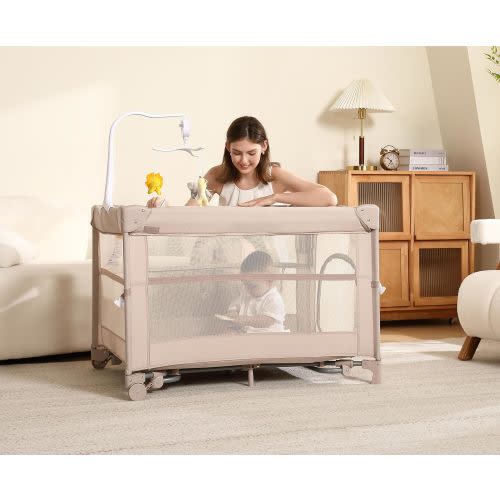 Pack and Play, 5 in 1 Baby Playard – Portable Crib, Bassinet, Bedside Sleeper, Changing Table & Playpen | Breathable Mesh | Safe & Foldable for Newborns to Toddlers (Beige)