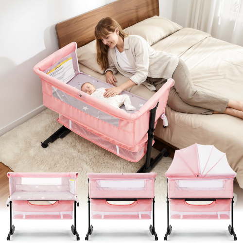 kmaier Baby Bassinet Bedside Crib Foldable Portable with Adjustable Height, Wheels, and Storage Basket,Pink