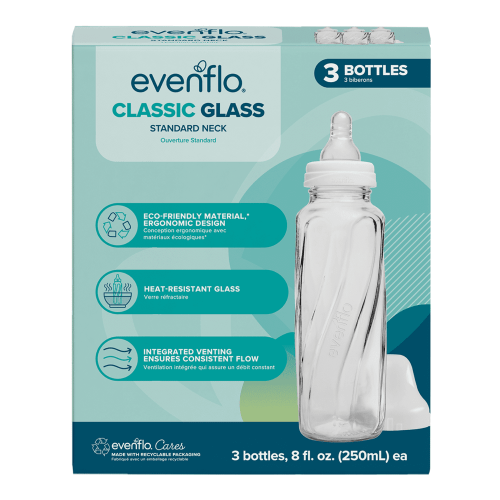 Evenflo Classic 8oz 3-Pack BPA-Free Glass Baby Bottles: Vented, Infant Essential and Easy Latch