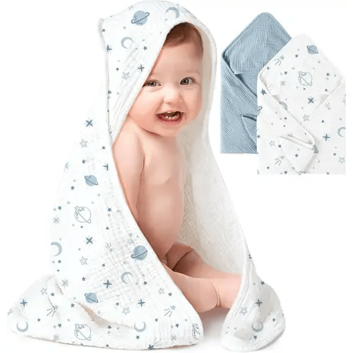 Konssy 2-Pack Muslin Hooded Baby Towels, 100% Cotton, Ultra-Soft & Absorbent Baby Bath Towels with Hood for Newborn & Infant (Blue, Star,30" x 30")