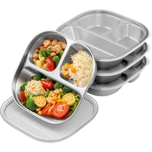Stainless Steel Kids Plates,Set of 4 Toddler Plates with Lids - 3 Compartments Stainless Steel Snack Containers for Kids Non Toxic & 100% BPA Free