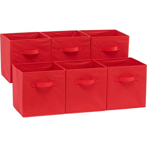 Amazon Basics Collapsible Fabric Storage Bins with Handles, Cube Organizer, Home Organization, 10.5"x10.5"x11", Red, 6-Pack