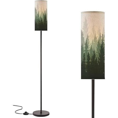 Boho Standing Lamps Forest nature landscape coniferous trees Pine Silhouette Minimalist Floor Lamp Metal Pole Lamp with Linen Lampshade for Bedroom Living Room Office Nursery Reading Foot Switch