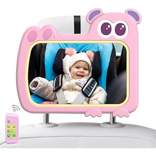 2-in-1 Baby Car Mirror with Lights & Soft Sounds, Cry Detector, Clear Night View, 360° Rotation, Shatterproof, Rear Facing Baby Car Seat Mirror with Remote Control, Perfect Baby Shower Gifts (Pink)