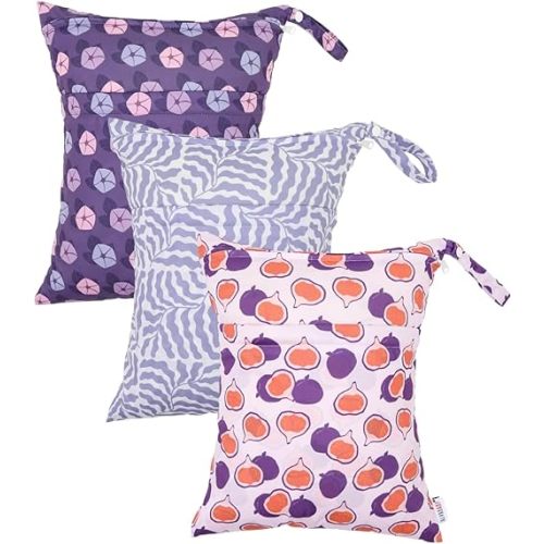 ALVABABY 3pcs Cloth Diaper Wet Dry Bags Waterproof Reusable with Two Zippered Pockets Travel Beach Pool Daycare Soiled Baby Items Yoga Gym Bag for Swimsuits or Wet Clothes 3L-ZM37