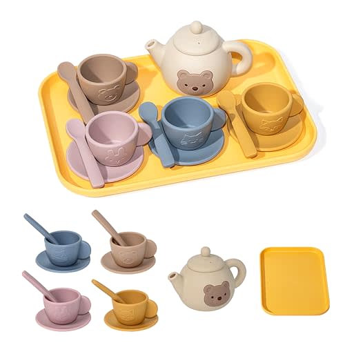 Tea Party Set for Toddlers, Silicone Play Tea Set for Girls and Boys 3 4 5 6 Years Old, Kitchen Pretend Paly Toys with Teapot 4Cups 4Coasters 4Scoops and Tray, Leaning Educational Toys for Kids Gifts