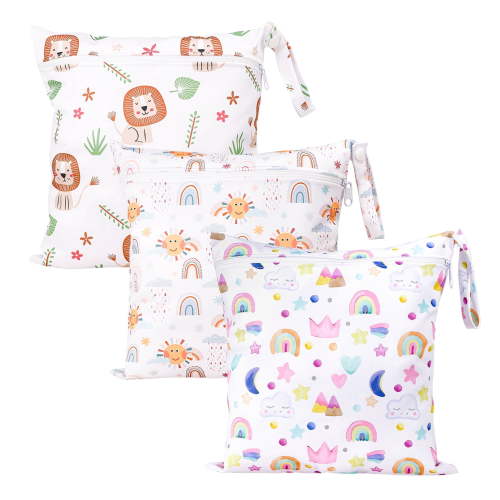 KABOER 3 Pack Wet Dry Bags for Baby, Reusable Water-Resistant Diaper Bags with Cartoon Print, Single Zipper Storage Pouch for Daycare Pool Travel, 11x11.8 inches