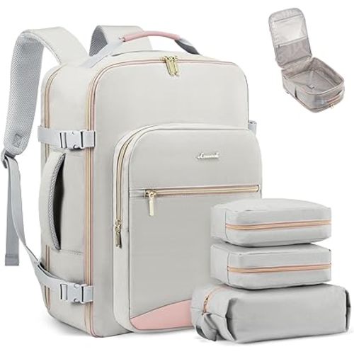 LOVEVOOK Travel Backpack for Women & Men 40L,Airline Approved Carry On Backpack Travel Essentials,TSA Carry on Luggage,Waterproof Personal Item Travel Bag,Suitcase with 3 Packing Cubes,Light gray-Pink