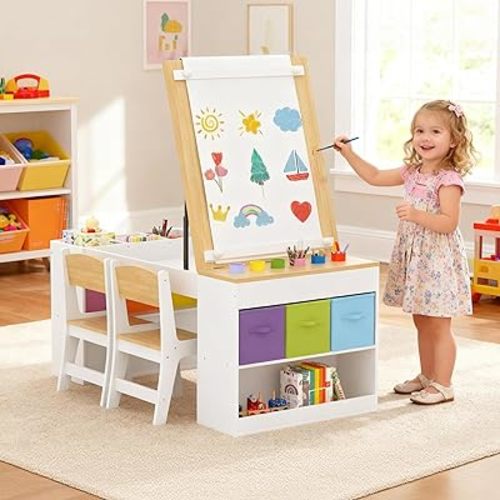 Kids Art Table and 2 Chairs Set, Wooden Craft Desk with 2 Storage Shelves, 6 Storage Bins & Paper Roll for Drawing, Learning and Reading, Toddler Activity Play Desk for Home, 47 L x23 W
