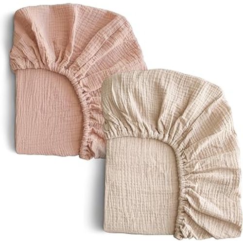 COSMOPLUS-Muslin-Crib-Sheets-for-Girls-Boys-Neutral-Baby,2 Pack Boho Crib Matress Sheet,Fitted Crib Sheet for Standard Crib Mattress & Toddler Bed Mattress,Organic Cotton,Pale Khaki & Coral