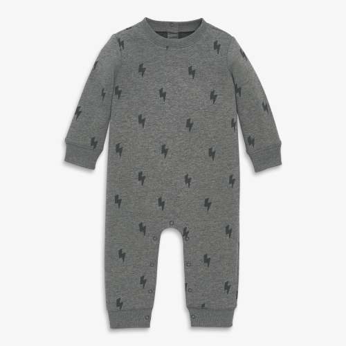 Baby cozy fleece sweatshirt romper in mini bolts - Heather storm gray / 6-12