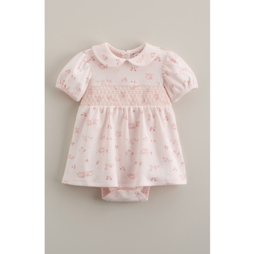 Smocked Waist Skirted Cotton Bodysuit, 6M