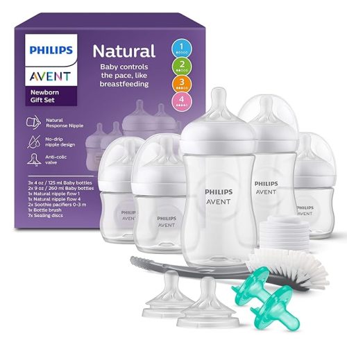 Philips Avent Natural Response Baby Gift Set - 3X 4oz Bottles with Slow Flow Nipple (Level 2), 2X 9oz Bottles with Medium Flow Nipple (Level 3), 2 Extra Nipples, 2X Soothie Pacifiers 0-3m, SCD838/02