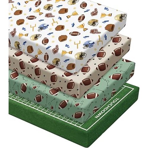 VitalCozy 4 Pcs Football Crib Sheet Set Newborn Bedding Nursery Baby Sheets for Girl Boys Baby Gifts for Standard Crib and Toddler Mattresses, 52 x 28 x 8 Inches