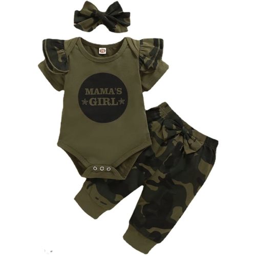 Mama’s Newborn Baby Boy Girl Clothes Camouflage Ruffle Short Sleeve Romper+ Pants Bow Outfit Clothing Set