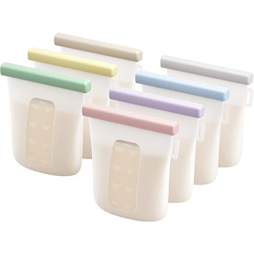 Nuliie 7 Pcs Silicone Breastmilk Storage Bags Reusable, 8oz/240ml Double Leak-Proof Breastmilk Freezer Bags, BPA Free Self-Standing Milk Bags for Breastfeeding, Baby Food Pouches