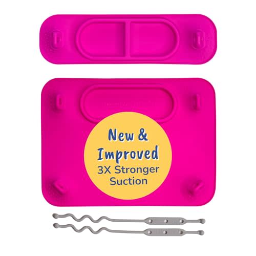 BUSY BABY Silicone Mat Bundle - 1 Original Mat Plus 1 Mini Mat, New Stronger Suction Cups, 6 Straps to Secure Baby Essentials and Keep Them Off The Floor, Baby Led Weaning, Wet Bag Included (Pink)