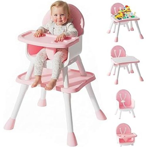 6 in 1 Baby High Chair, Convertible Highchair for Babies and Toddlers (Pink)