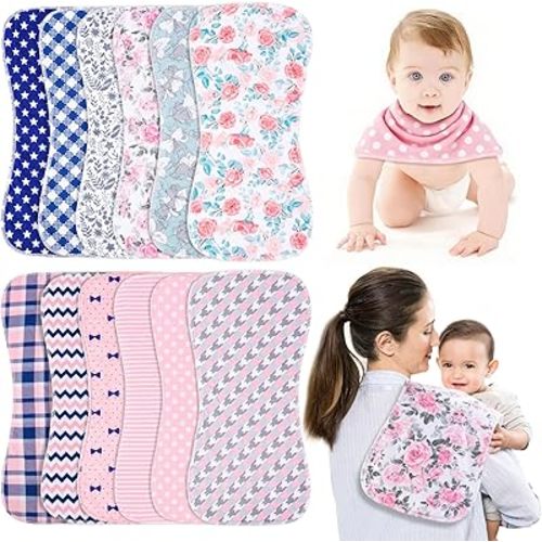 Baby Burp Cloths & Baby Bibs 2-in-1 Design Large Size 3 Layers Thicken Cotton Super Absorbent and Soft Baby Spit Up Burping Rags Baby Burp Cloth Set for Boys and Girls Solid 12 Pack