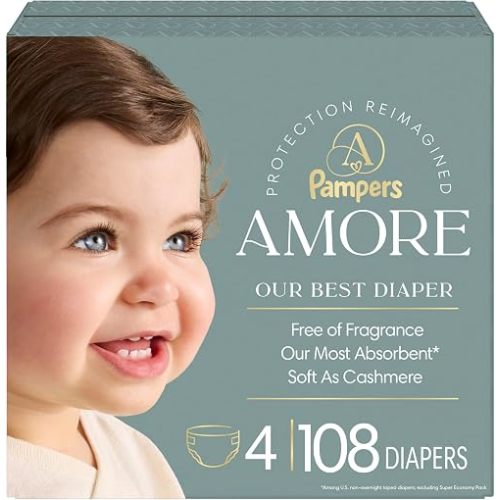Pampers Amore, Size 4 (15-34 lbs), 108 Count, Our Best Diaper – Hypoallergenic & Fragrance Free, Up to 100% Leakproof, Soft as Cashmere