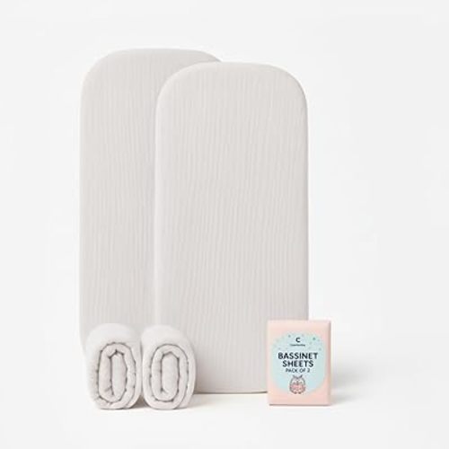 Muslin Bassinet Sheets 33x17 Inches White Bassinet Sheets Rectangle/Oval 2 Pack, Soft Fitted Bassinet Mattress Cover, Safe for Boy or Girl, Breathable Muslin, Easy Fit, No More Loose, Unsafe Sheets