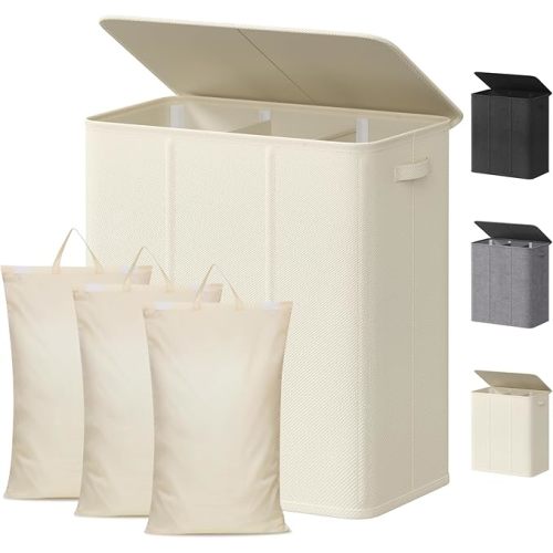 Lifewit Double Laundry Hamper with Lid and Removable Laundry Bags, Large Collapsible 2 Dividers Dirty Clothes Basket with Handles for Bedroom Laundry Room Closet Bathroom College, 136L Beige