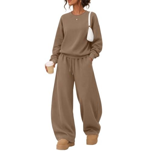 Huukeay Women Sweat Sets 2 Piece Outfits | Lounge Sweatsuits, Outfit for Travel Airport, Crewneck Sweatshirt Barrel Pant Set, Loose Fall Clothes, Lightweight Sweat Suit