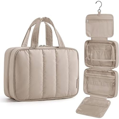 BAGSMART Travel Toiletry Bag for women, Portable Hanging Hook Makeup Bag Organizer, Waterproof Makeup Cosmetic Bag, for Full-Size Accessories, Toiletries, Camel