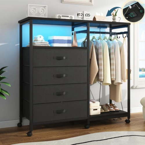 3-in-1 Dresser with Clothes Rack, 4 Drawers, Charging Station, LED Lights, and Wheels, Rustic Brown Storage Chest for Bedroom, Living Room, Hallway（Textured Matte Black）