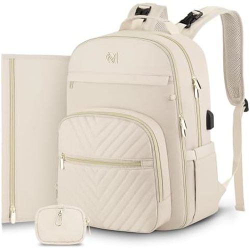 MOMUVO Diaper Bag Backpack, Quilted Baby Bag with Changing Pad and Stroller Straps and Pacifier Case, Multifunction Waterproof Travel Diaper Bags, Unisex, Beige