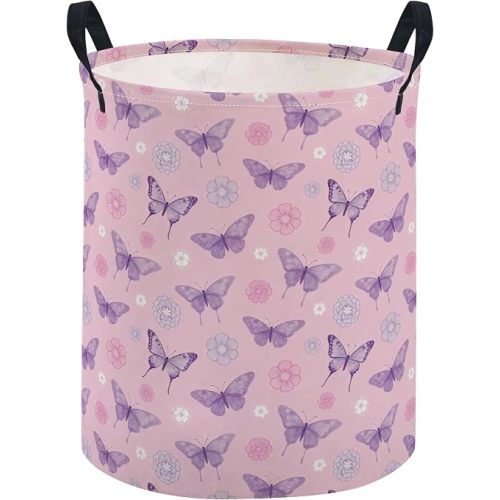 ESSME Kids Laundry Basket,Butterfly Hamper Collapsible Canvas Waterproof Storage Bin for Boys, Cute Hamper,Gift Baskets(Pink butterfly)