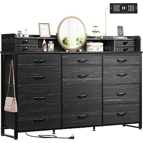 WLIVE 55''W Storage Organizer Unit with Charging Station, Black Storage Drawers Organizer with 16 Fabric Drawers & 3 Open Shelves, Large Storage Tower Organizaton for Living Room, Hallway, Office