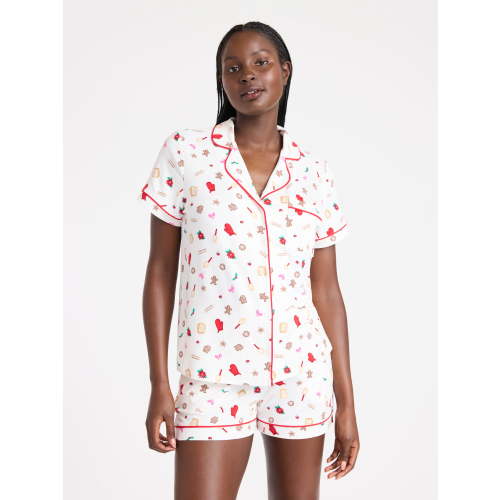 Joyspun Women’s Dreamy Soft Collection Notch Collar Knit Top and Boxer Shorts Pajama Set, Sizes XS-3X