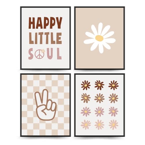 PLKMN Boho Girls Room Decor, Daisy and Beige Wall Art, Retro Preppy Prints with Checkered Peace Hand Design, 8x10 Inch, Unframed