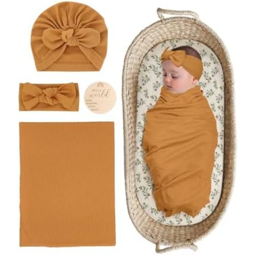 Stretchy Baby Swaddle Blanket and Headband Set, Newborn Receiving Blankets with Matching Hat for Nursery Swaddle Wrap