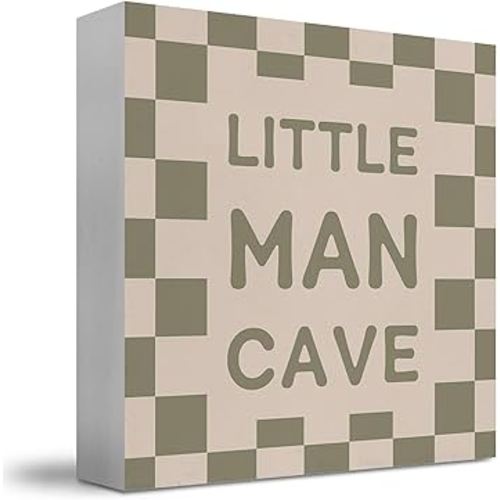 Little Man Cave Sign for Boys, Baby Boy Nursery Decor Retro Sage Green Checkered Wooden Box Sign, Boys Room Wood Block Box for Little Teen Bedroom Playroom Desk Shelf Tabletop Decor, 5x5 Inch