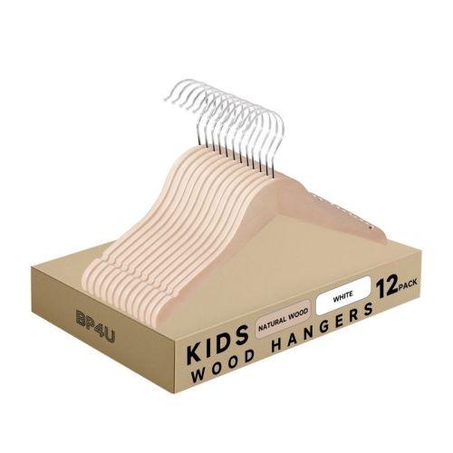 BP4U 12.8" 12-Pack Unfinished Maple Wood Kids Hangers, Smooth Non-Toxic Finish, Ultra-Slim 0.4" Baby Hangers with 360° Swivel Hook for Toddler Clothes