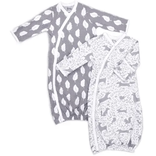 Cambria Baby 100% Organic Kimono Gowns. Side Snaps with Built in Mitts. (0-6 Months, Feathers and Forest Animals)