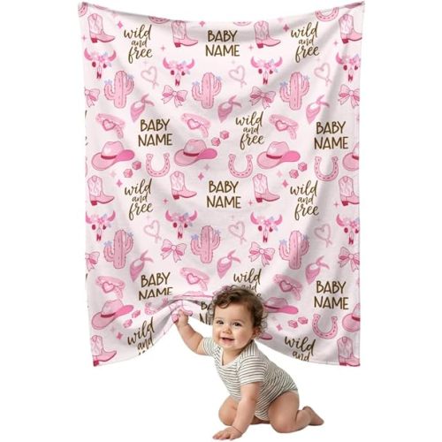 Western Baby Blanket for Girls, Personalized Name Baby Cowgirl Blankets for Daughter, Super Soft Fleece Blanket for Newborn Infant, Lightweight Bed Throw Nursery Blanket Pink Themed