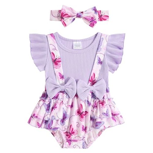 Baby Girls Butterfly Clothes 3-6 Months Bodysuit Purple Infant Summer Outfit with Headband Cutest Newborn Animal Romper Bodysuit