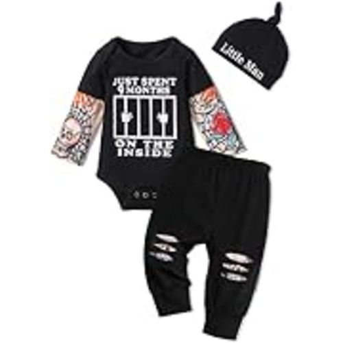 Baby Boy Clothes Tattoo Sleeve Funny Romper Bodysuit+Pants 3PCS Infant Outfits Set