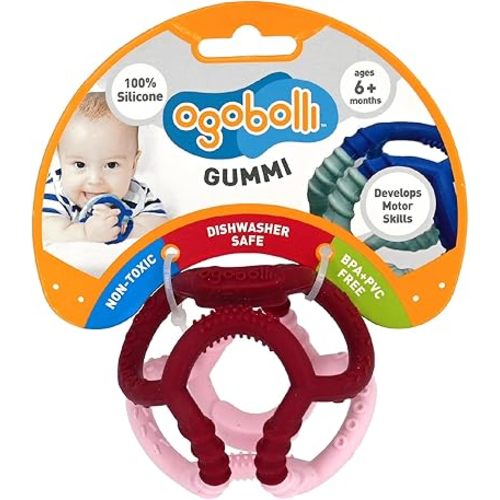 OgoBolli Gummi Teether Ring Textured Sensory Ball Toy for Babies & Toddlers - Stretchy, Soft Non-Toxic Silicone - Boys and Girls Age 6+ Months - Pink Grapefruit