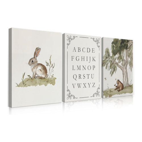Ophelia & Co. Set Of 3 Woodland Nursery Wall Art Neutral Forest Animal Alphabet Canvas Wall Decor Vintage Nursery Wild Animals Paintings Pictures Room Bear Bunny Artwork Prints(12X16inch) | Wayfair