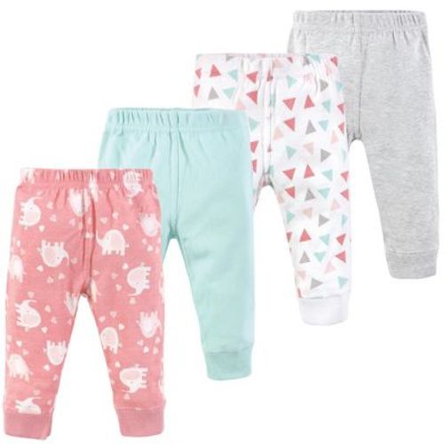Luvable Friends Basics Infant Baby Comfy Cotton Pants 4-Pack, Blush Elephant Journey, 3-6 Months