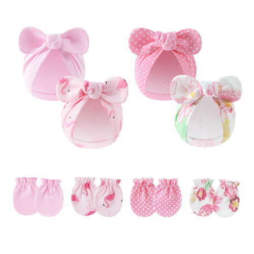 4PCS Newborn Baby Hospital Hats Beanie Bow Infant Caps Cotton Preemie Hats No Scratch Mittens Set for 0-1 Years Old