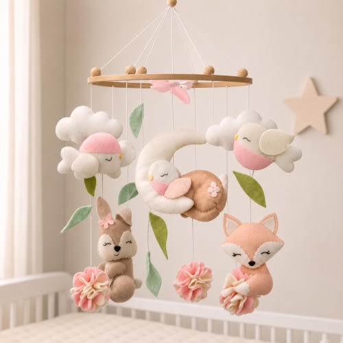 Woodland Baby Mobile for Crib – Handmade Felt Deer Nursery Mobile with Moon & Fox – Neutral Baby Nursery Decor Gift for Newborns