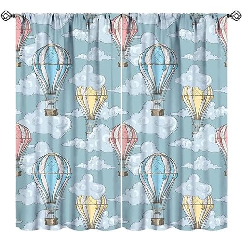Colorful Hot Air Balloons Curtains for Kids Boys Girls Bedroom Decor Cartoon Sketches Clouds Printed Rod Pocket Blackout Window Drapes for Living Room Kitchen Cafe W21xL45in Decor